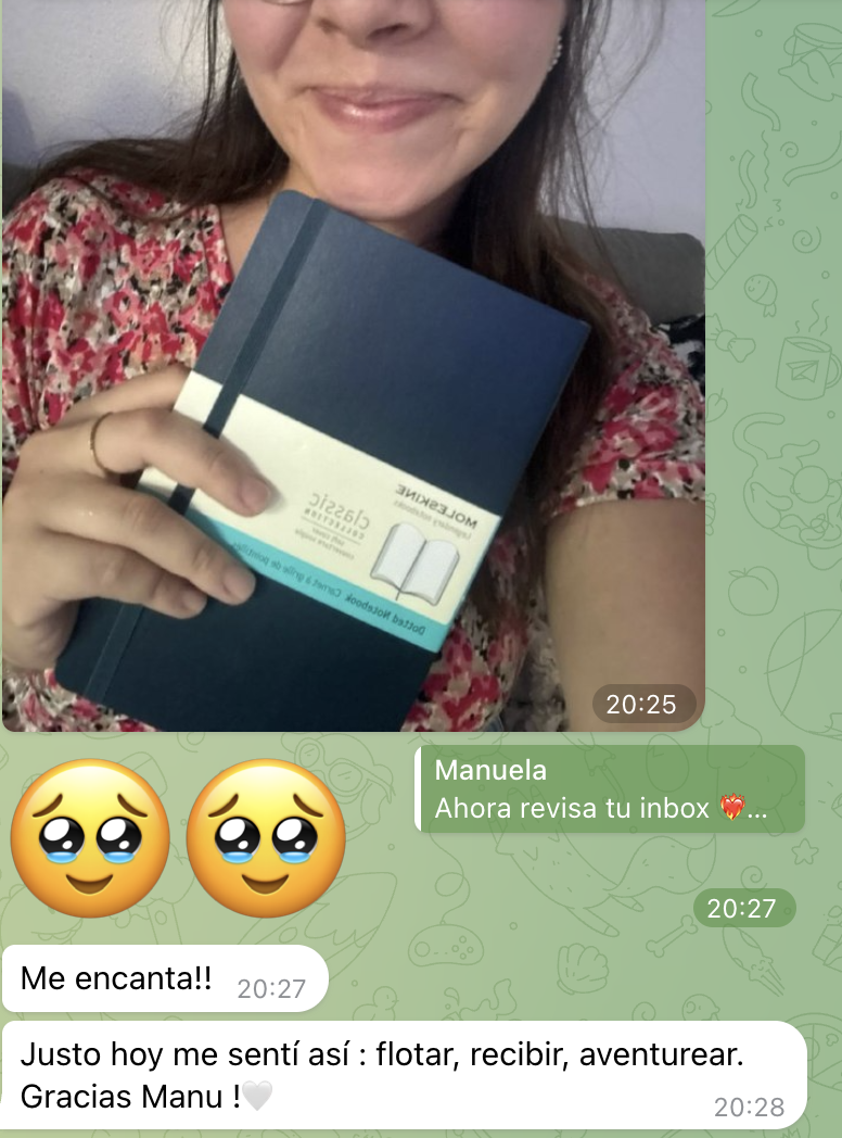 Testimonio de WhatsApp: 'Me encanta!! Gracias Manu'